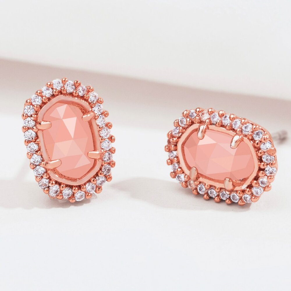 Alicia Bonnie Halo Oval Stud Earrings Rose Gold Crystal Rose Quartz Sparkly